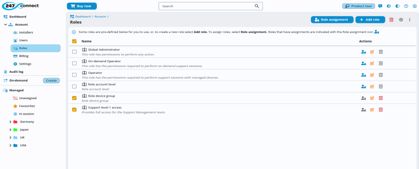 Web Portal with Account > Roles selected. It lists four roles: Global Administrator, On-demand Operator, Operator, and Support level 1 access. Each role has a brief description. The Actions column includes icons for role assignment, editing, and deleting. At the top right are two buttons: Role assignment and Add role. 
